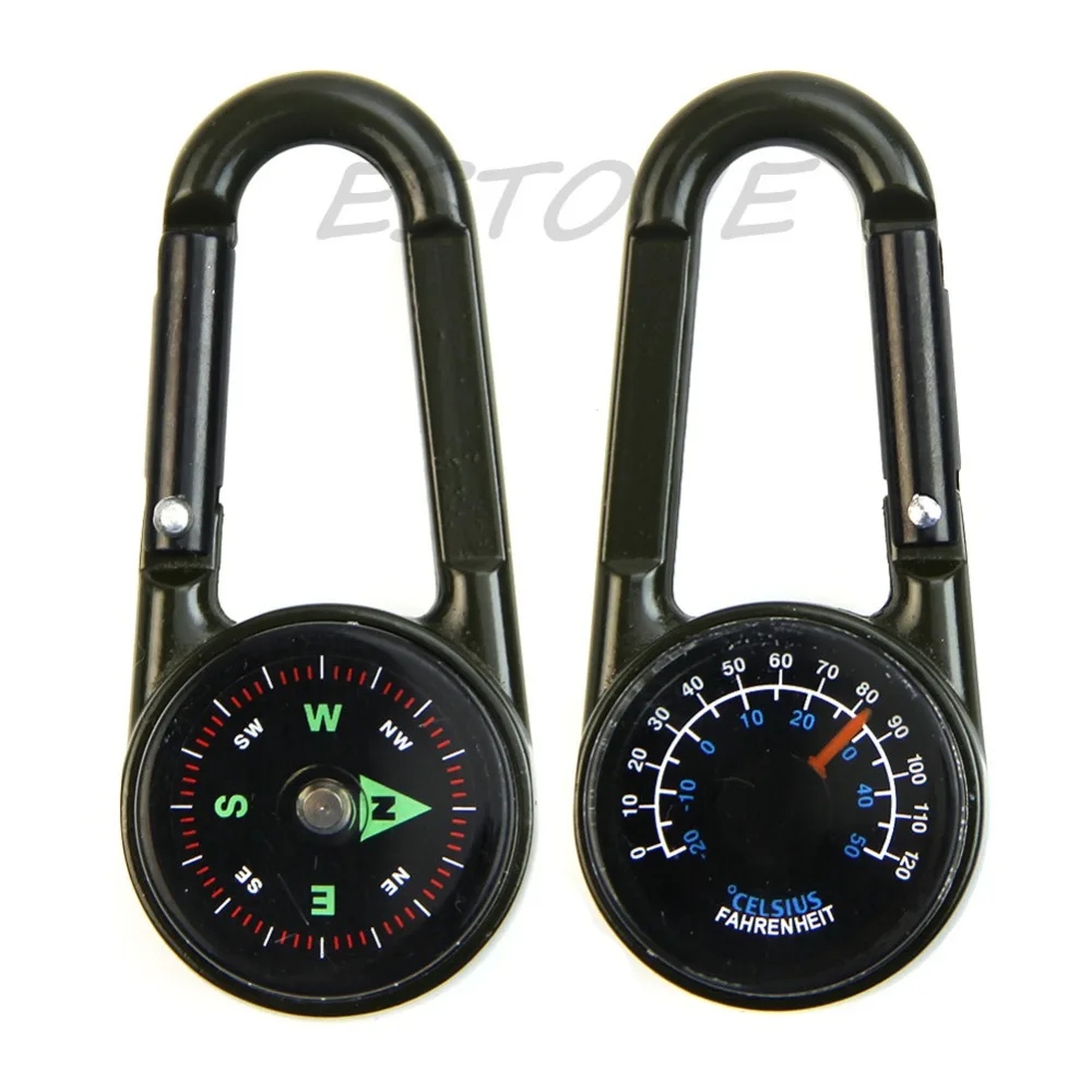 

New 1PC Multifunctional Hiking Metal Carabiner Mini Compass Thermometer Keychain