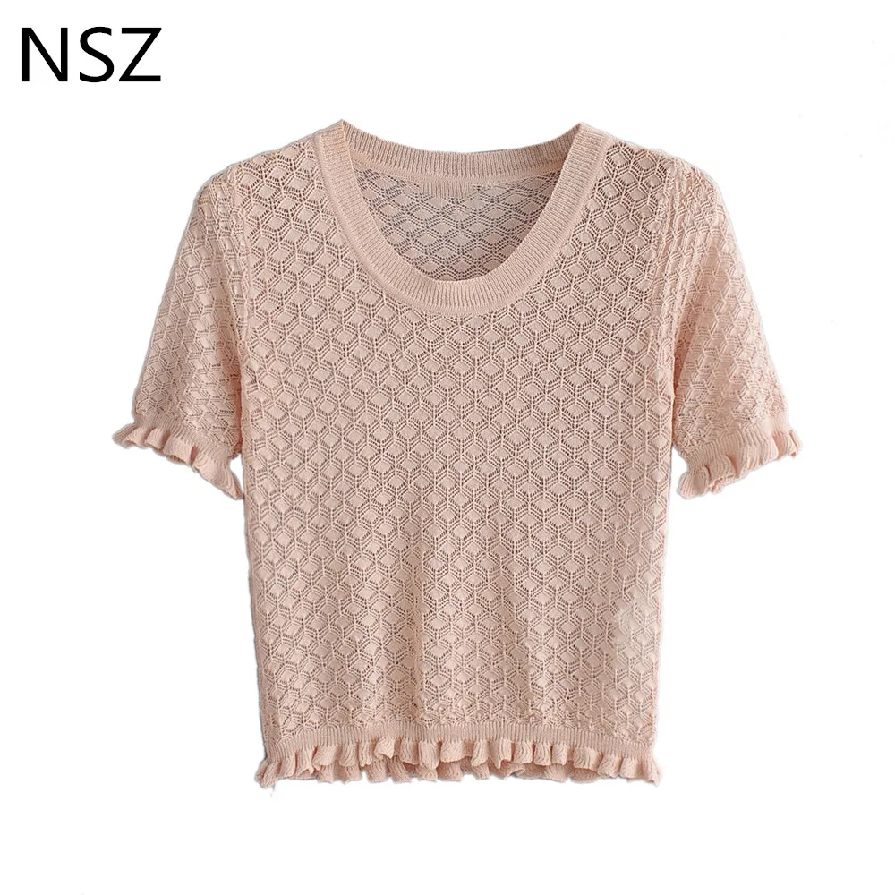 

NSZ Women Summer Crop Top Knit Shirt Short Sleeve Hollow Out Knitted t shirt Loose Casual t-shirt Top Mujer Crochet Tees