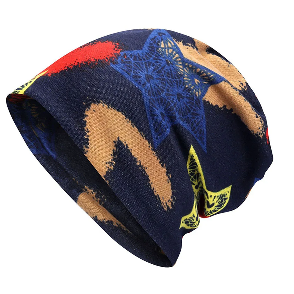 Beanie Caps Stylish Pattern Men Women Slouchy Hats Winter Warm Baggy Hat - Цвет: Star-Dark Blue