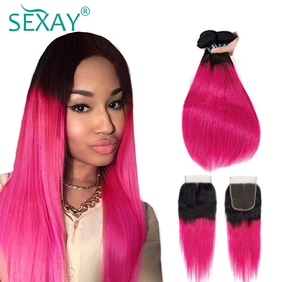 

SEXAY Pink Human Hair 3 Bundles With Closure Dark Roots Rose Pink Ombre Brazilian Straight Hair With Lace Closure Non Remy Hair