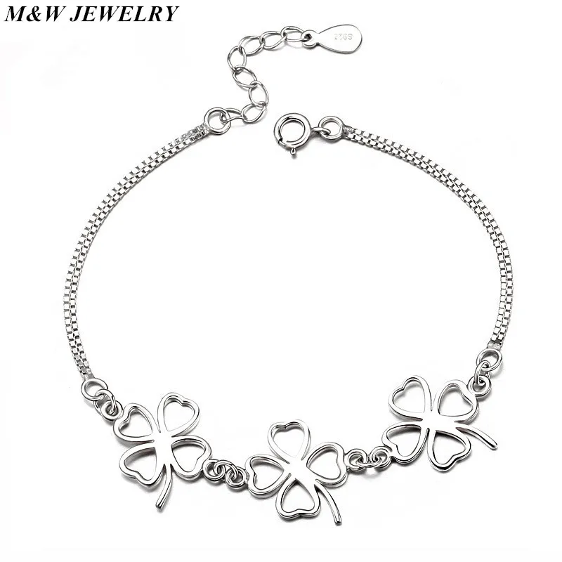 M&W JEWELRY Fashion Four Leaf Clovers Bracelet Sterling Silver 925