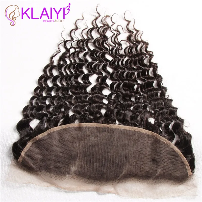 Klaiyi 13X4 Ear To Ear Lace Frontal Closure Without Bleached Knots Brazilian Deep Wave Frontal Remy Human Hair Lace Frontal
