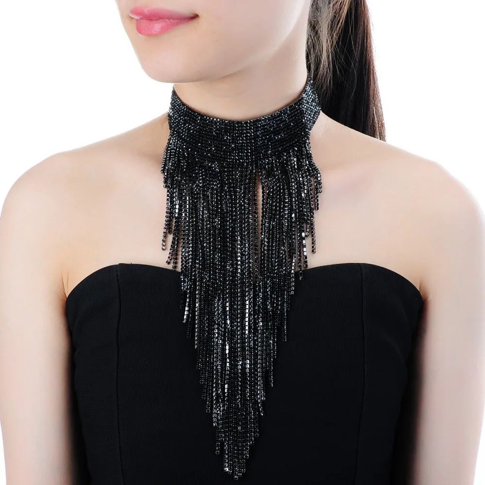JEROLLIN Fashion Jewelry Black Choker Long Alloy Tassel Necklace Women