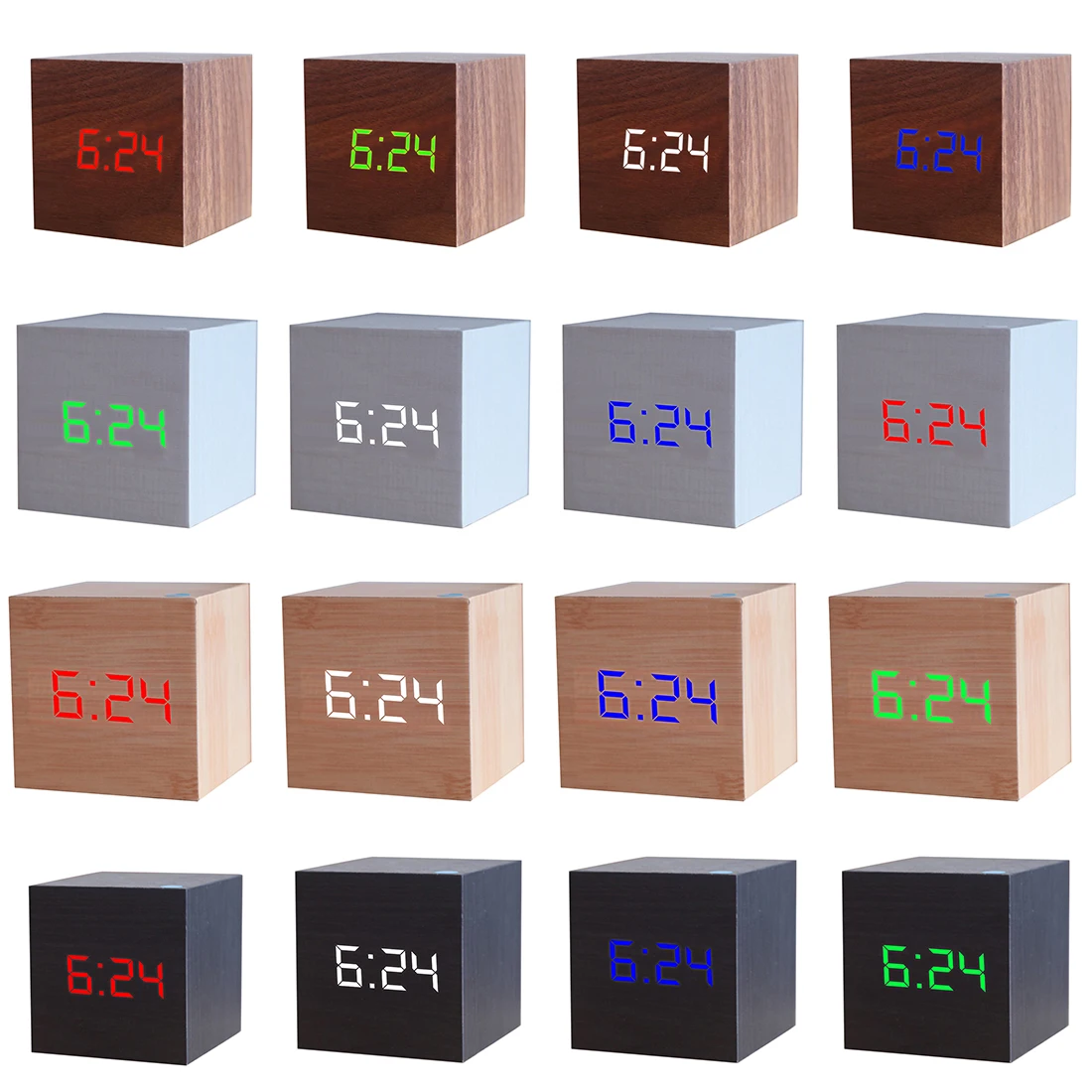  16 Choices Wooden LED Display Time Digital Alarm Clock Talking Voice Prompt Thermometer Snooze Func