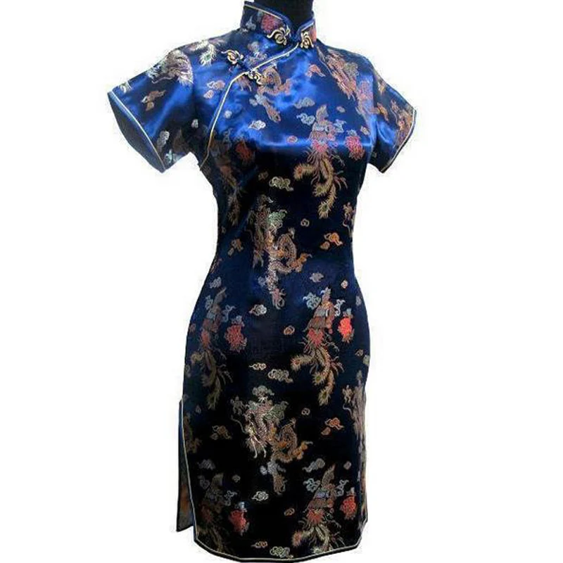 Новое поступление китайский женский Qipao короткие Стиль Cheongsam Для женщин традиционные шелковые атласное платье Дракон и Феникс Размеры размеры s m l xl XXL WC010 - изображение