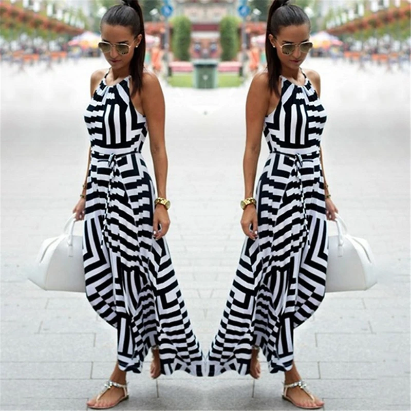 Summer Maxi Long Dress New Fashion Women Sexy Boho Striped Sleeveless Beach Style Strap Sundress Vestidos For Female Bigsweety