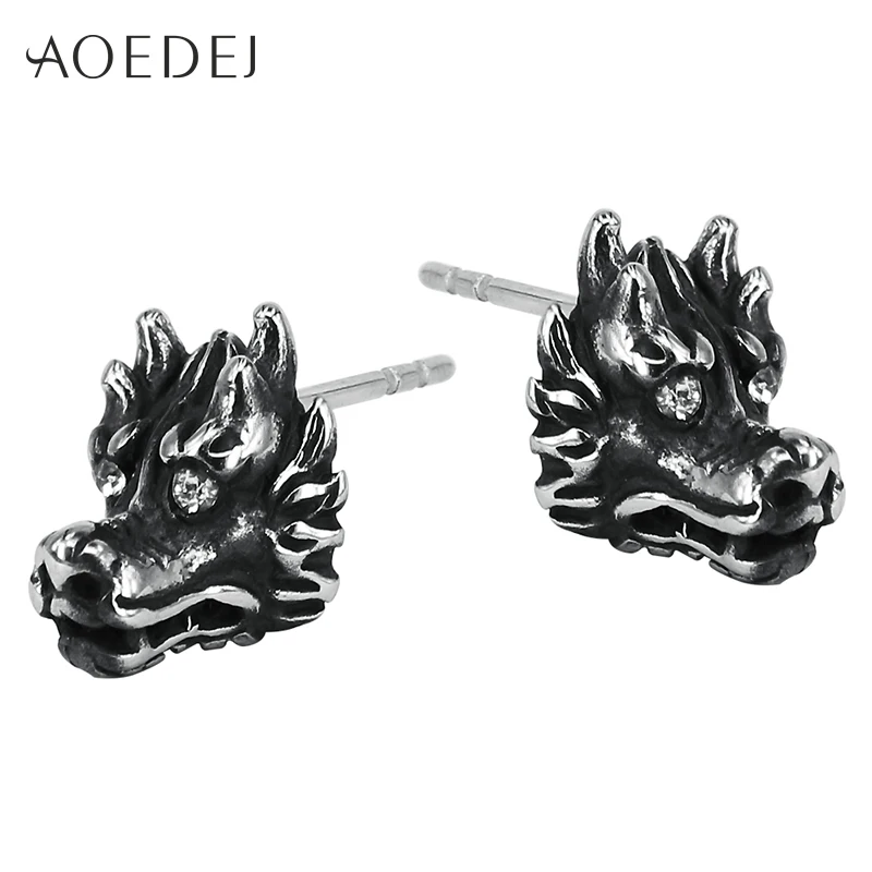 AOEDEJ Dragon Head Mens Earrings Studs Black Stainless Steel Men's