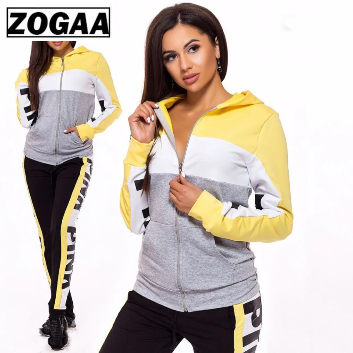 

ZOGAA Color Blocking Women Suits for Sporting High Quality Cotton Polyester Hooded Running Suits with Zipper 2 Piece Fitness Set