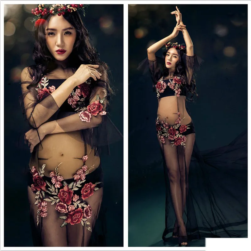 Черная вышивка цветок Материнство фотография Реквизит Материнство платья для фото одежда с принтом стрельбы для беременных женщин беременность платье