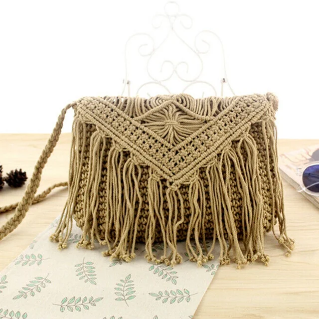 Bolsos de ganchillo de cuerda hechos mano Retro para mujer, bolso hombro con borlas tejidas, Vintage, de verano - AliExpress Maletas bolsas