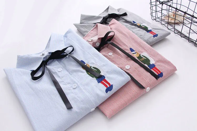 2019 Autumn Striped Tops Ladies Cute Soldier Embroidery Shirts Blouses Women Casual Bow Long Sleeve Blusas Mujer Chemise Femme (3)