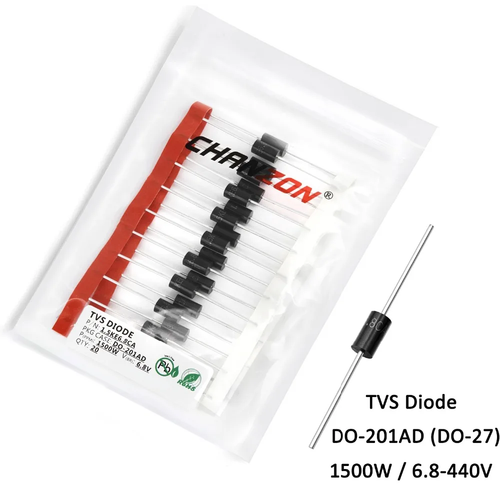 

20pcs/Pack TVS Diode DO-27 (DO-201AD) 1500W 6.8V 12V 15V 18V 24V 33V 39V 47V 100V 150V 200V 250V 300V 350V 400V 440V 1.5KE