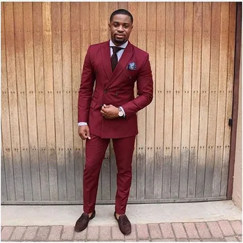 

2017 slim fit Burgundy Double Breasted Tuxedo Skinny Men Suit Slim Fit 2 Pieces mens Suits Custom Groom Blazer Terno masculino