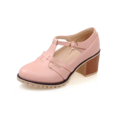 GOXPACER/ летние модные женские сандалии из органической кожи женские туфли с Т-образной пряжкой и круглым носком женские туфли на высоком толстом каблуке размера плюс - Цвет: Розовый