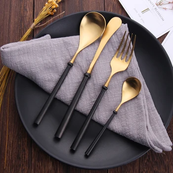 

Hot Sale 4 pieces Pearl of Excellence black gold Dinnerware 304 Stainless Steel Western Cutlery Kitchen Tableware Dinner Set