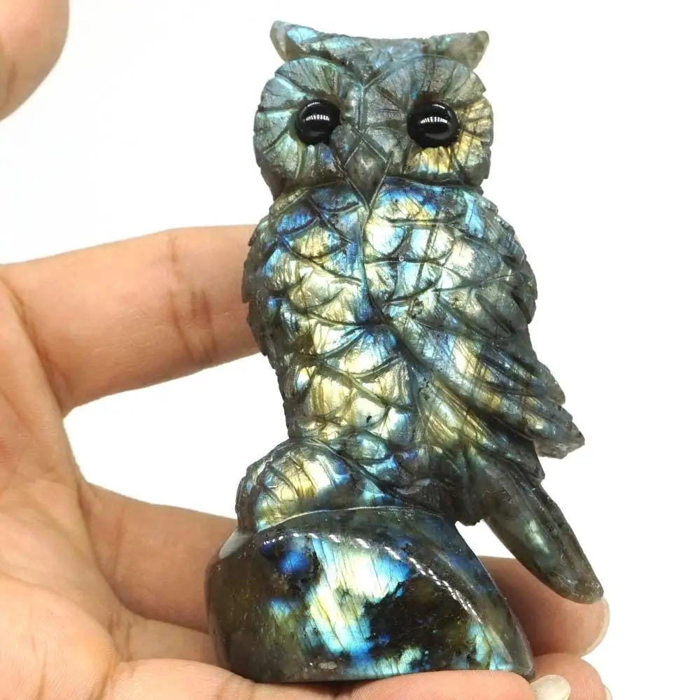 Owl Figurine Natural Gemstone Larbradorite Hand Carved Animal Statue