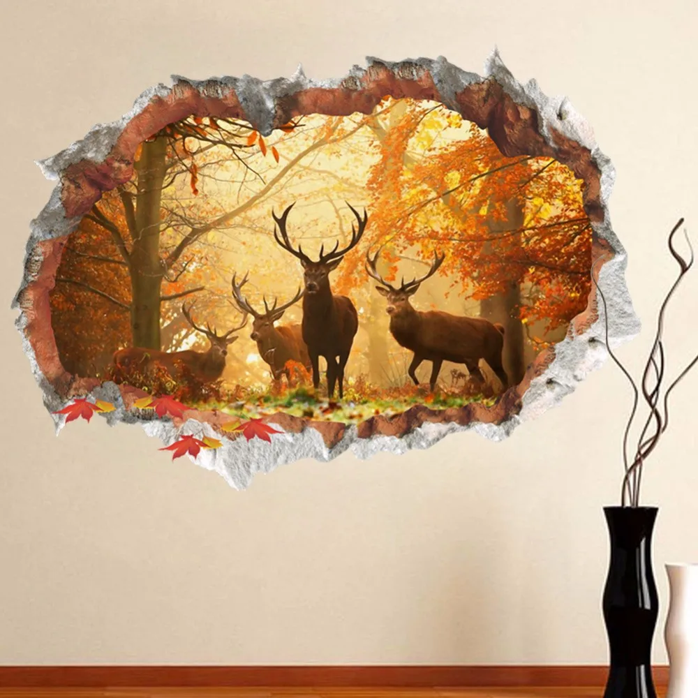 Removable 3D Cracked Breakthrough Thru Elk Wall Sticker Home Room Mural