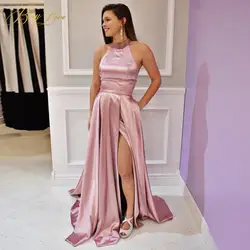 BeryLove Простые Длинные розовые атласные вечернее платье 2019 низкая цена вечернее для официального торжества выпускного вечера Холтер Бисер