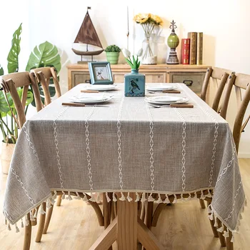 

Thick Yarn-Dyed Linen Fabric Blue Gray Strip Tassel Tablecloth Hotel Christmas Decoration Cloth for Coffee Bar Table