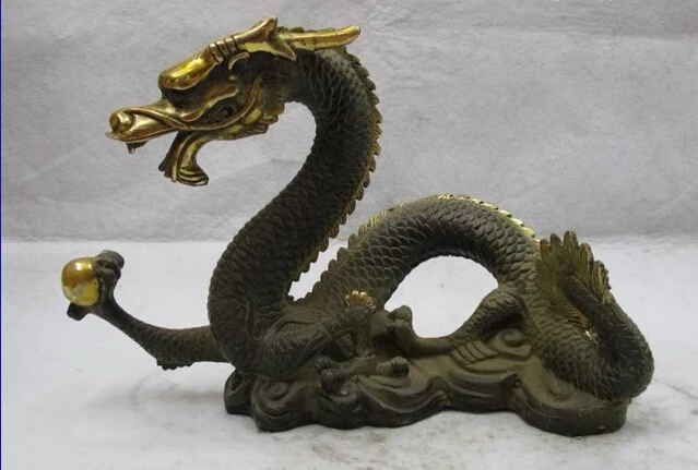 

Collectible bronze lion statue S0043 7" Chinese Folk Classic Bronze Copper Gilt Feng Shui Dragon Play Bead statuary B0403