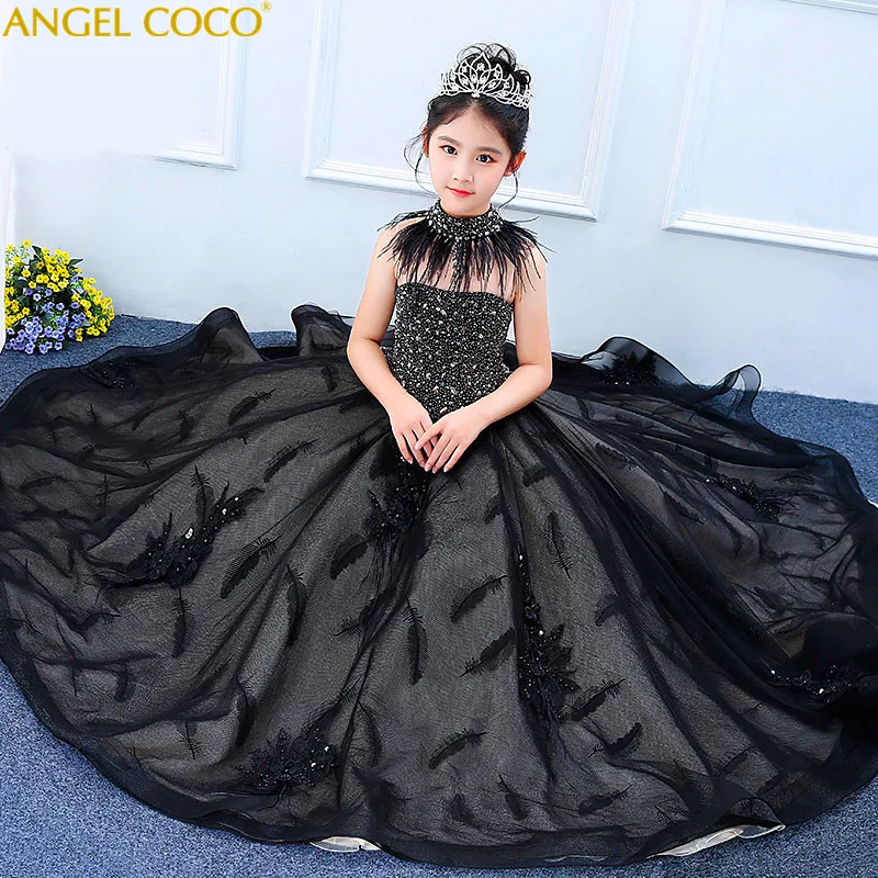 Для девочек блестящая принцесса платье, вечерний наряд осень-зима модели туфель с декором из черных перьев, детский костюм для выпускного бала для подростков конст