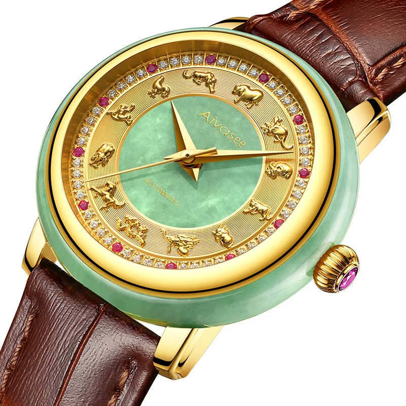 Китайские автоматические механические часы зодиака мужские нефритовые сапфировые инкрустационные женские часы Horloge Mannen Jade из нержавеющей стали Whatch - Цвет: Men Leather Gold