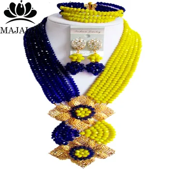 

Majalia Fashion Nigerian Wedding African Jewelry Set Royal blue and Opaque yellow Crystal Necklace Bride Jewelry Sets 6SE043