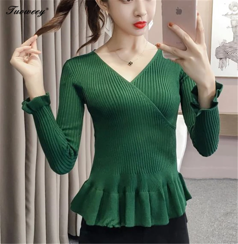 Ruffle Peplum Tops Women Sweaters And Pullovers Long Sleeve V Neck Slim