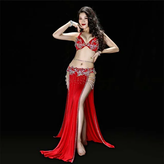 Women Belly Dance Costume Set Carnival Oriental Dance Suit Stage Performance Outfits Sexy Bra Skirt Belt Handmade 3 Colors - Цвет: Red