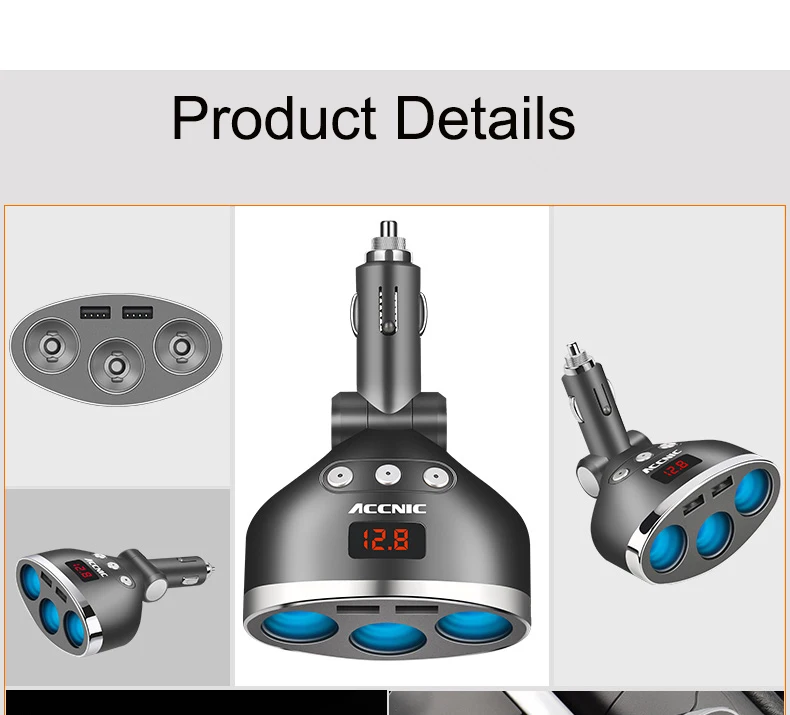 ACCNIC 3 в 1 двойная USB розетка для автомобильного прикуривателя Разветвитель 3 прикуривателя автомобиля USB монитор напряжения для iPhone samsung