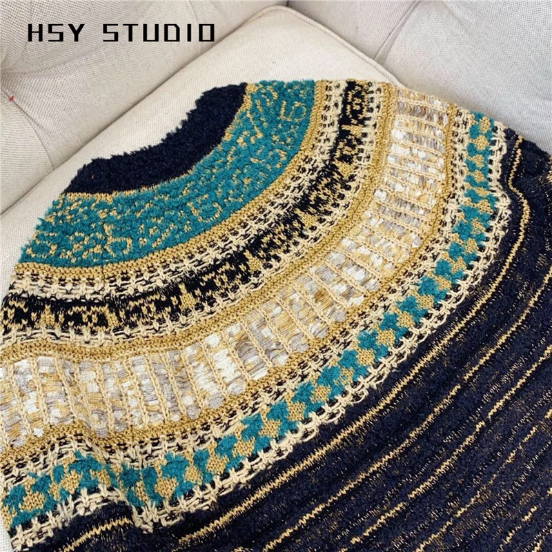 【HSY studo】 Осень Египетский стиль для женщин индивидуальные синие и золотые смешанные нити с длинным рукавом o-образным вырезом в полоску черный свитер