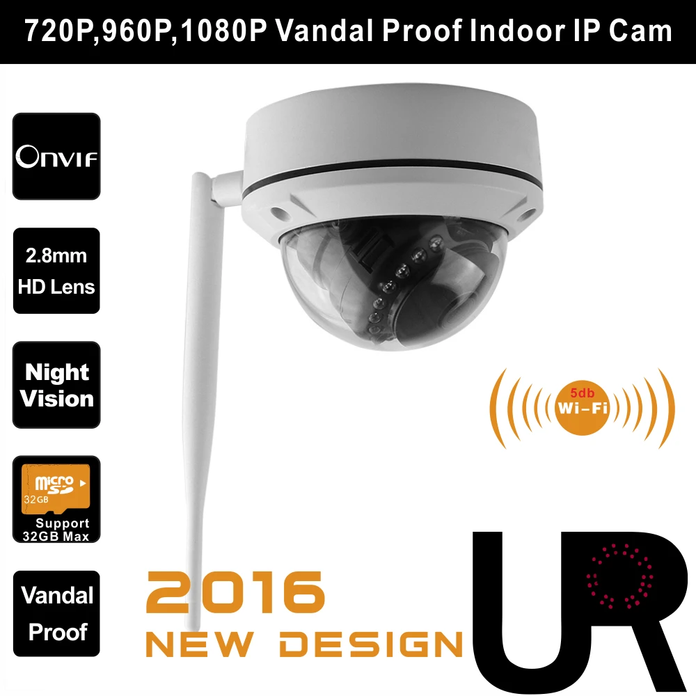  720P 960P 1080P Vandal Proof Indoor Onvif Dome IP Camera with 5db WiFi and 2.8mm Wide View Lens, Built-in TF Card Slot Ready 