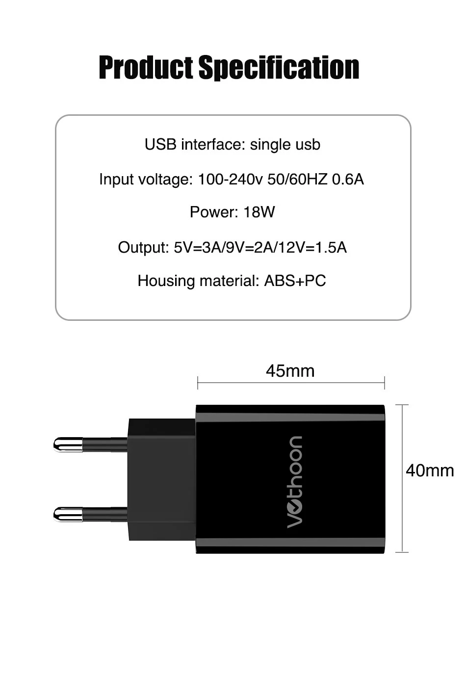 Votohoon 18 Вт QC 3,0 USB быстрое зарядное устройство для телефона дорожный настенный адаптер 18 Вт QC3.0 FCP универсальный для Xiaomi iPhone samsung huawei EU Plug