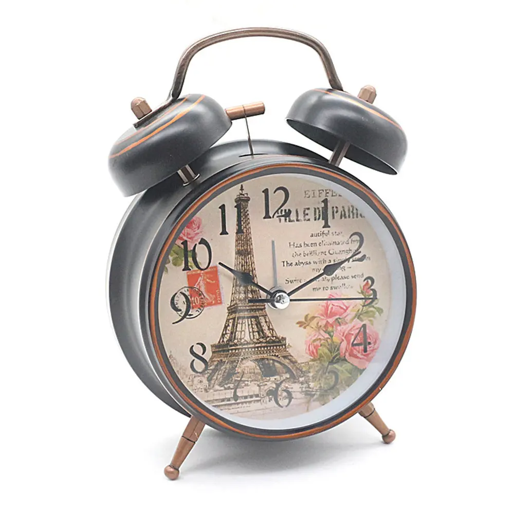 Alarm Clock Vintage Eiffel Tower Pattern Metal Artistic Silently Needle