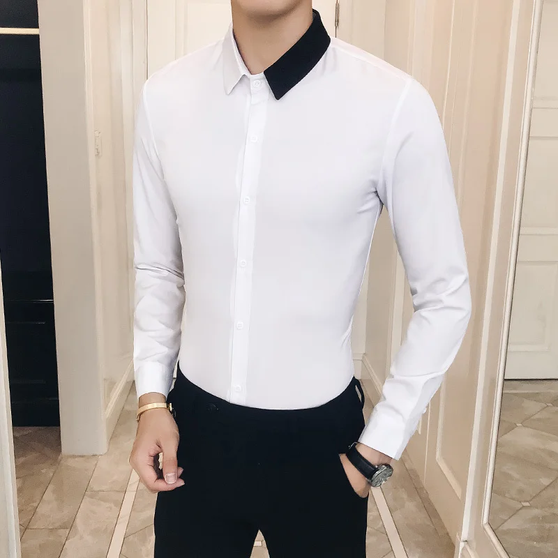 

Hit Color Collar Gentlemen Shirt Long Sleeve Mens Casual Shirts Streetwear Slim Fit White Shirt Men Camisa Masculina 2019 Autumn