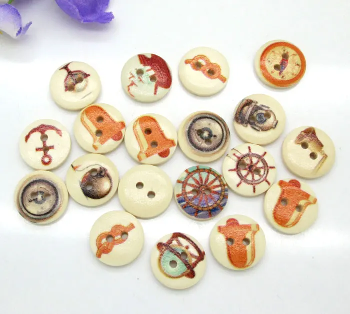 

100pcs 15mm Mixed Natural Round Bell Anchor Pattern Wooden Buttons For Clothes Crafts Sewing Scrapbooking DIY Accessories
