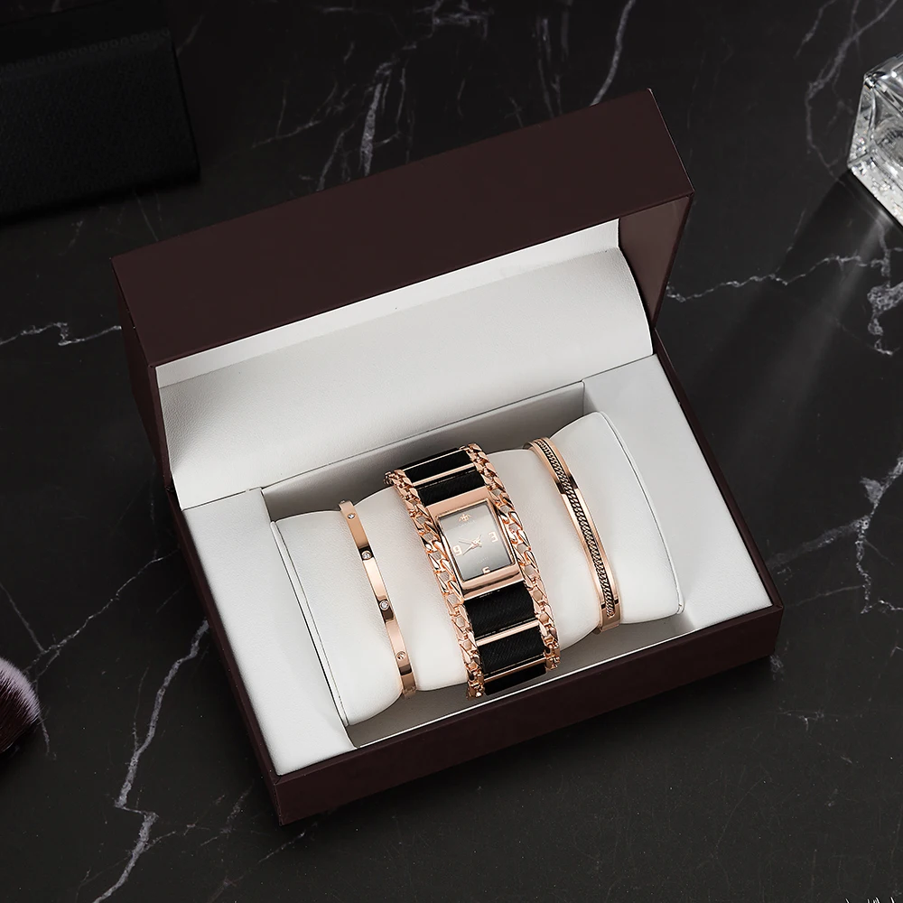 4 шт. Модные женские кожаные цепи квадратные наручные часы с браслетом из нержавеющей стали 2 шт. набор высококачественные кожаные кварцевые часы