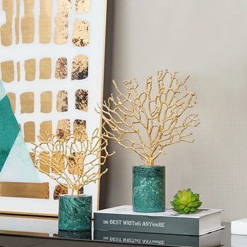 

Luxurious Gold Metal Coral Molding Creative Statue Home Decor Crafts Room Decoration Objects Office Green Marble Figurines