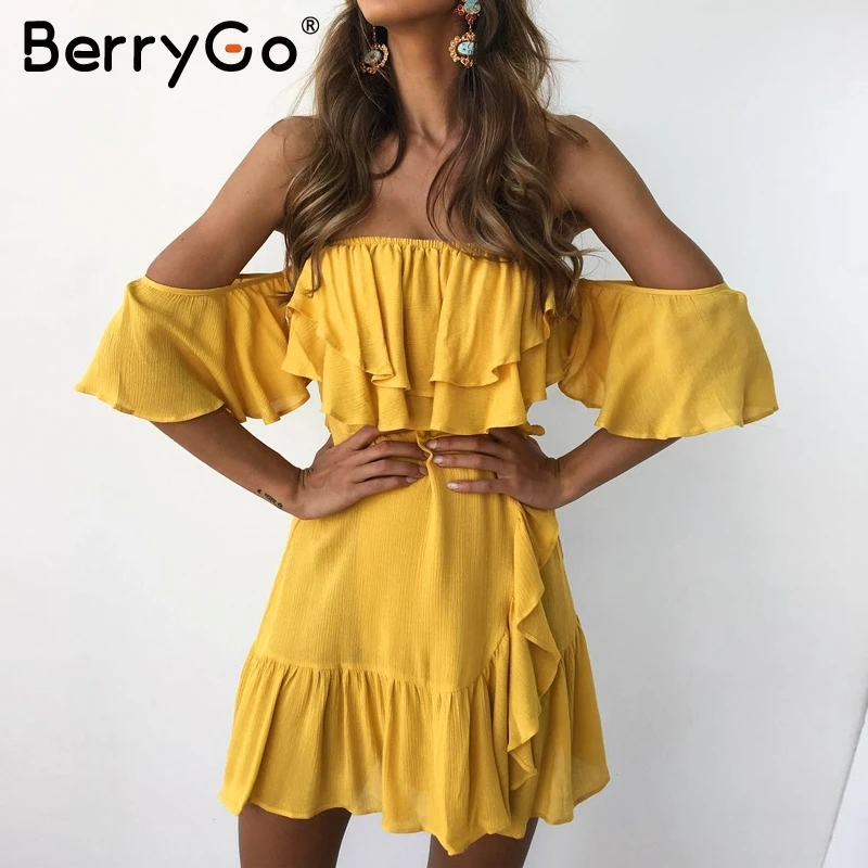 

BerryGo Lace up sash ruffle sexy black dress Off Shoulder backless summer dress women 2017 Zipper short dress vestidos de festa