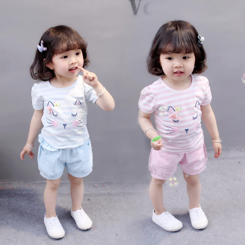 

JENYA 2018 summer new fashion baby girls clothing sets children cartoon cat print striped top t-shirt+striped shorts pants sets