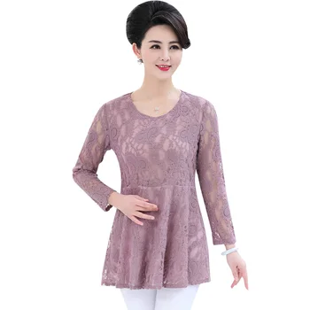 

Long Sleeves Lace Tshirt Top For Women 2020 Spring Fall New Middle Age Mother Basic Shirt Plus Size Elegant Casual Slim Pullover