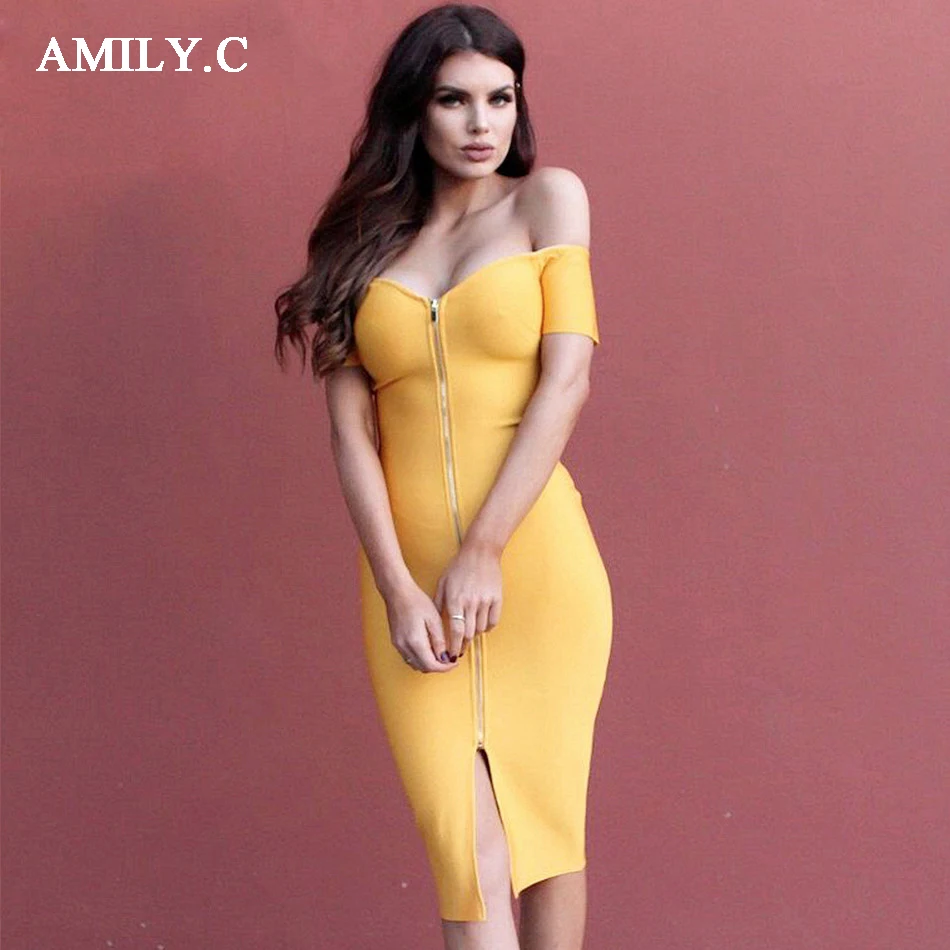 Adyce-2018-Mulher-Elegante-Vestido-Bandagem-Sexy-Yellow-Off-The-ombro-Manga-Curta-Z-per-Frontal_