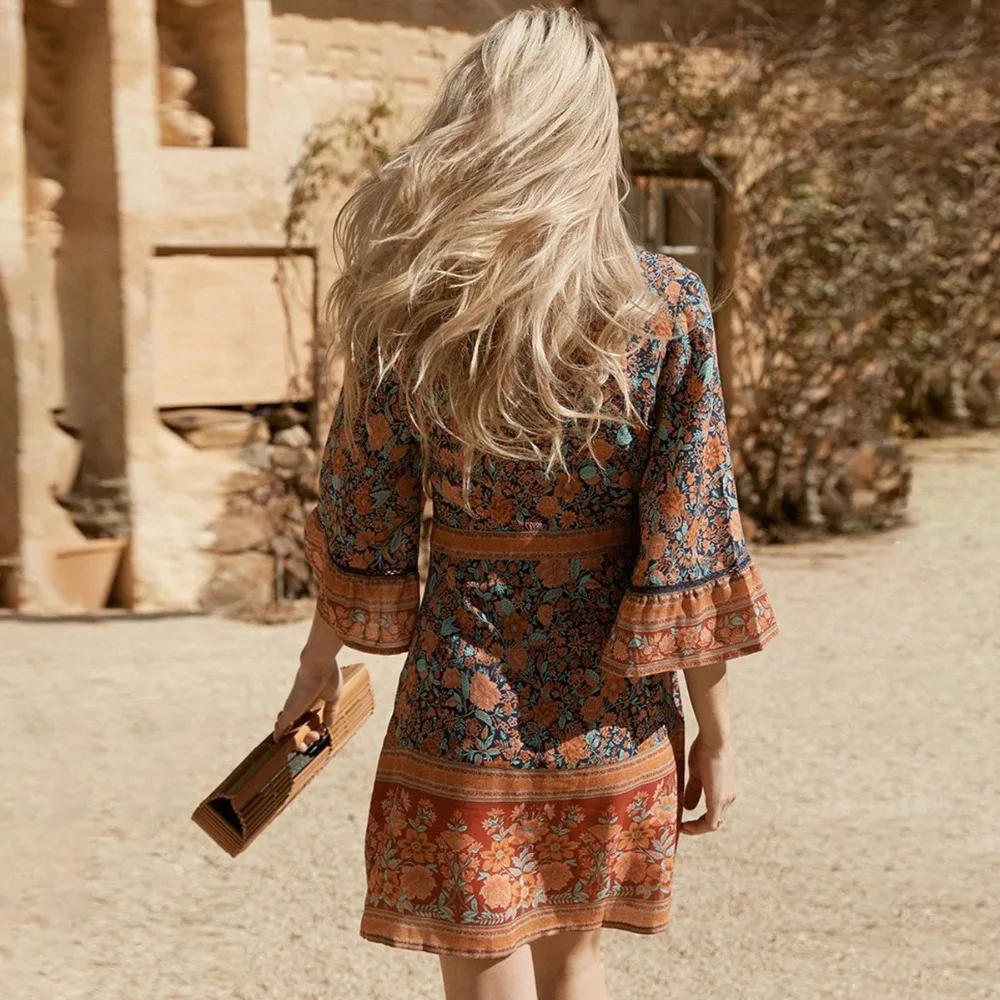 Женское мини платье с цветочным принтом Boho хиппи летнее короткое коротким