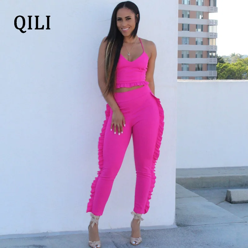 QILI Women Ruffles Jumpsuits Romper Summer Sleeveless Two Piece Set Casual Jumpsuit Woman Fashion Street Wear White Black Red