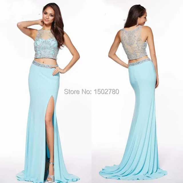Baby Blue 2 Piece Prom Dresses With High Slit Sheer Back Embroidery