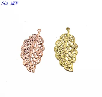 

SEA MEW 100PCS 17*34mm 6 Colors Plated Leaf Vintage Brass Filigree Hollow Out Leaf Pendant Charm For Jewelry Making
