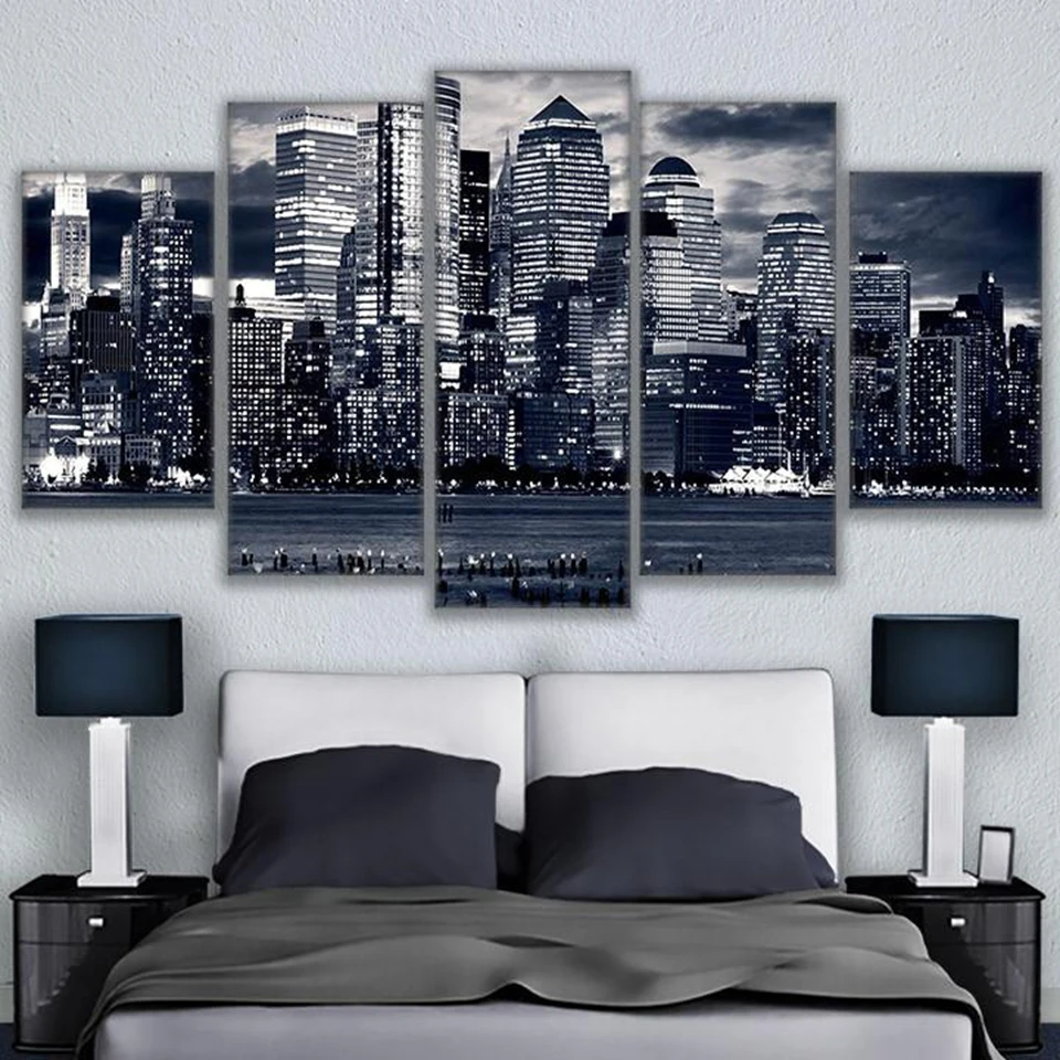 5 Pieces Canvas Print Black White Chicago Cityscape Painting Home Decor
