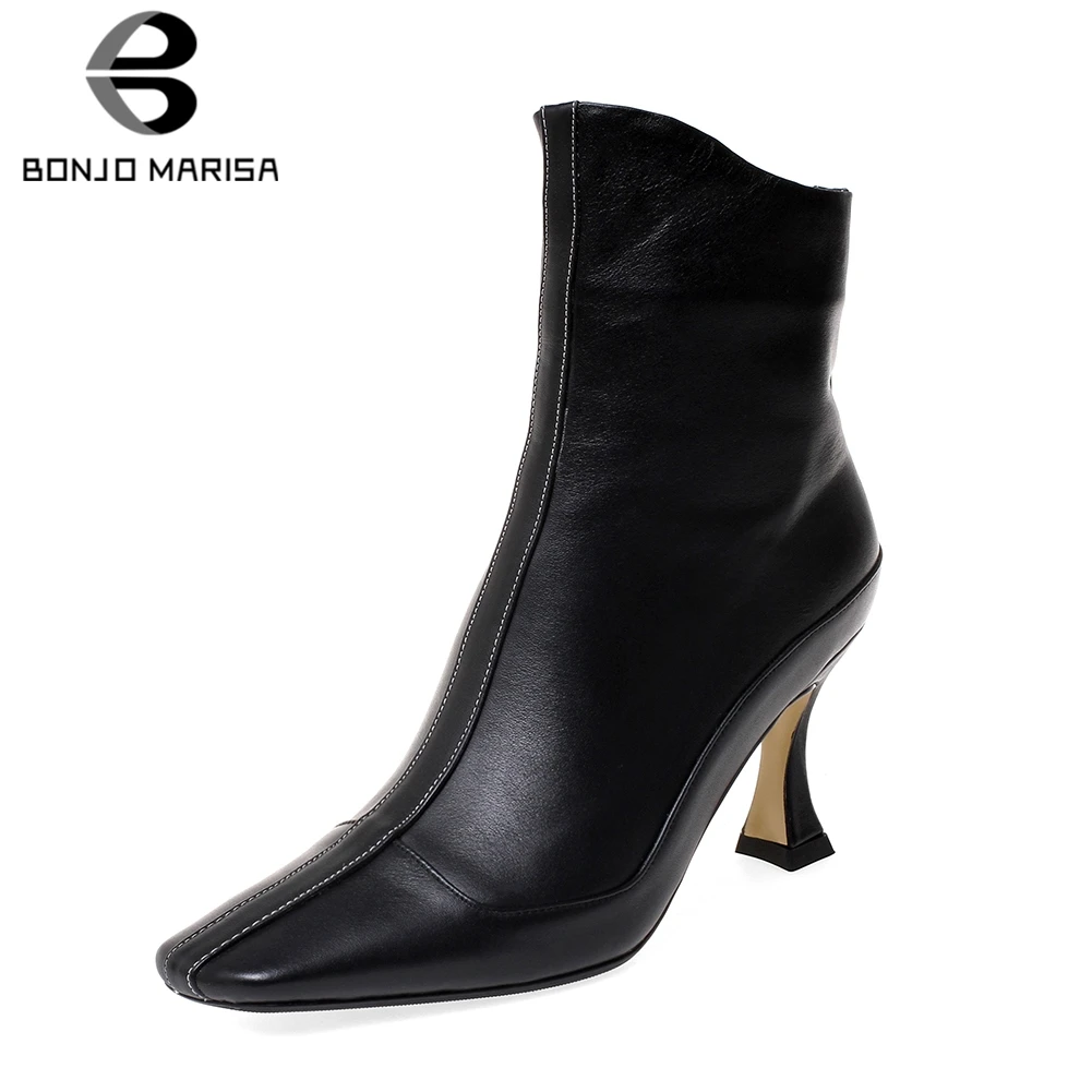 

BONJOMARISA New Brand Design 33-43 Genuine Leather Shoes Lady Ankle Boots Women 2019 Autumn Black Booties High Heels Shoes Woman
