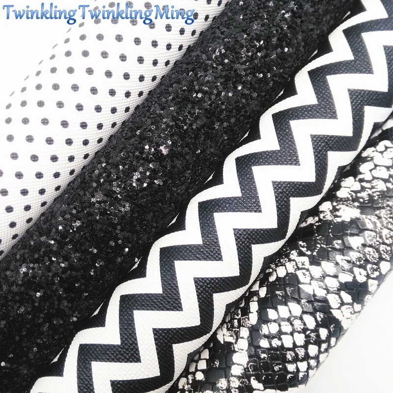 

BLACK Glitter Fabric, Snake Arrow Polka Dots Faux Leather Fabric, Synthetic Leather For Bows A4 8"x11" Twinkling Ming XM173