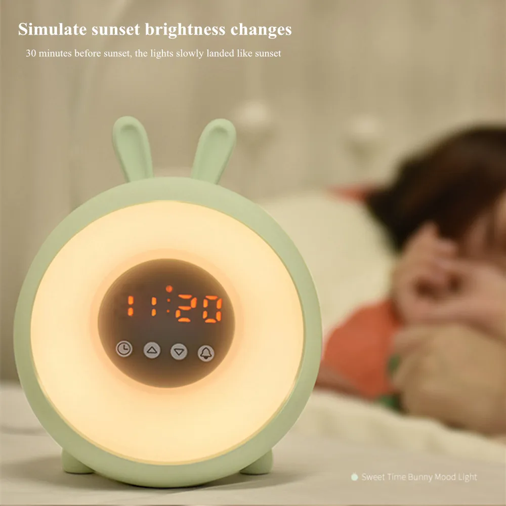 Rabbit Alarm Clock Touch Colorful LED Night Light Snooze Sunrise Sunset Dimmable Cartoon Silicone Bunny Lamp for Children Kids